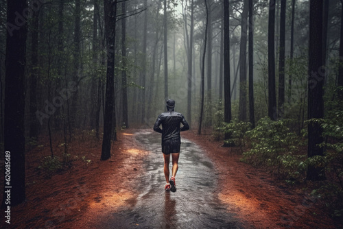 Man runner in sports jacket run forest trail in the rain, back view. Generative AI