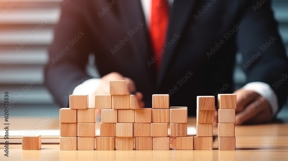 A businessman playing with wooden blocks in a professional setting A businessman playing with wooden blocks in a professional setting
