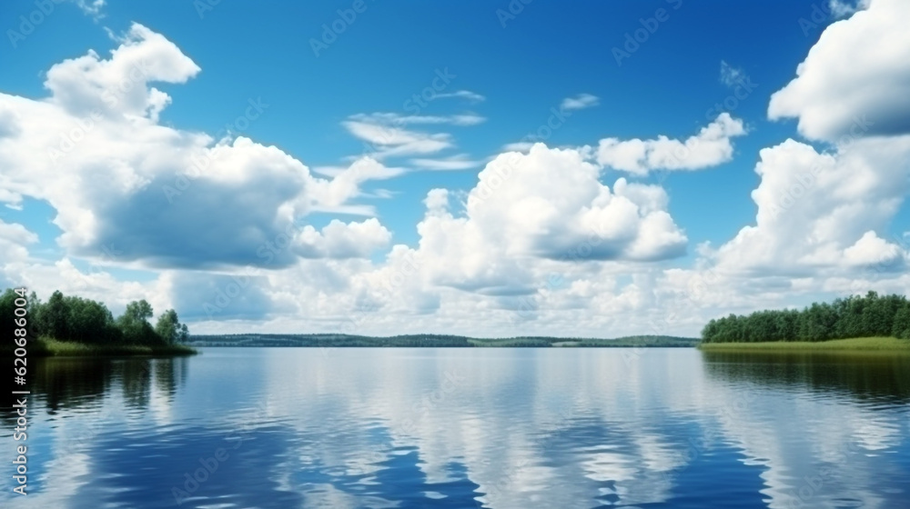blue sky with clouds over the river. Generative Ai. blue sky with clouds over the river. Generative Ai.