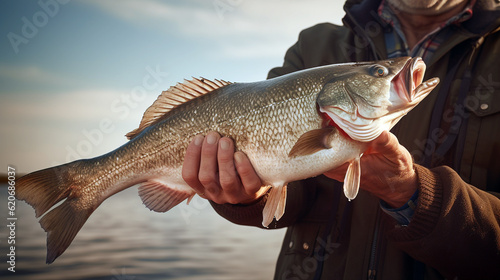 Fisherman posing with a big fish in his hands. Generative Ai. 