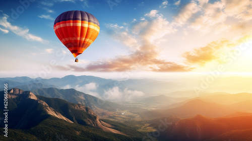 hot air balloon in the mountains at sunset. Generative Ai. 