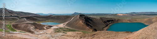 Panoramic image of green Askja volcano crater lake in Iceland photo