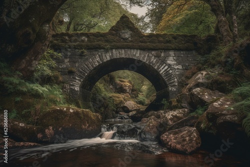 Waterfall flowing under bridge in Killarney National Park. Generative AI