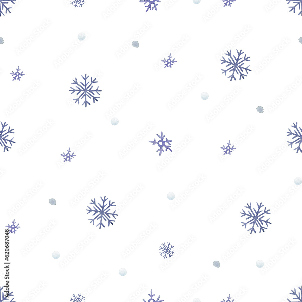 Christmas snowflakes seamless pattern, winter image on white background. Traditional vintage style gift wrap design.Hand-drawn watercolor digital paper Christmas snowflakes seamless pattern, winter image on white background. Traditional vintage style gift wrap design.Hand-drawn watercolor digital paper