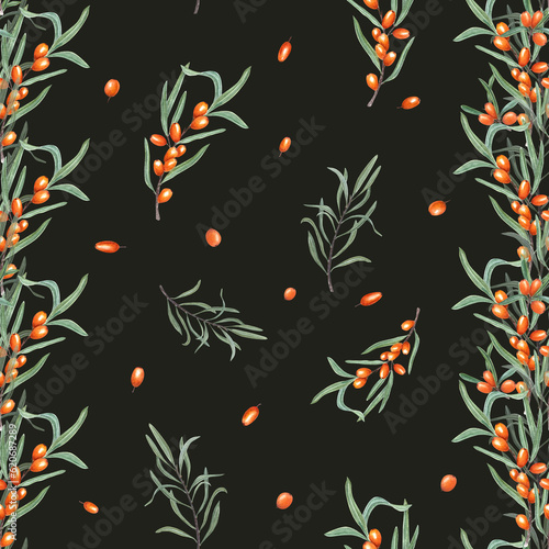 Watercolor seamless pattern of sea buckthorn branch isolated on black background. Botanical illustration with orange berries and green leaves for room decor  print  postcards  textile design.