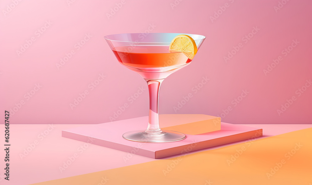  a pink and orange drink in a glass with a slice of lemon.  generative ai