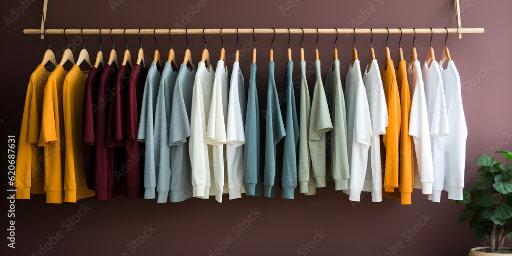 T-shirt hanging on a clothesline, beautiful simple background for high end trendy clothing store Long-sleeved and oversized T-shirts Generative AI