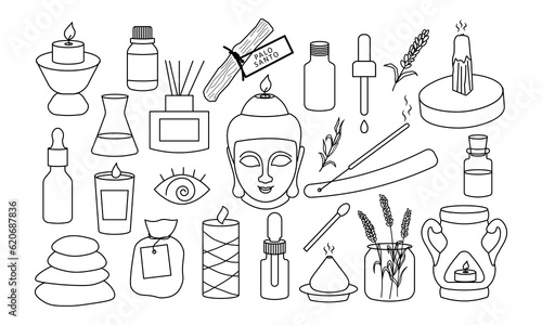 Vector candles and aromatherapy tools and line set. Lavender, salt, oil, palo santo, stones, diffusor and candle Buddha