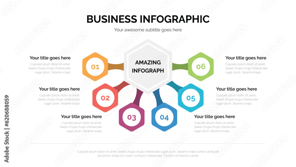 Hexagonal flat diagram infographic with six steps included Hexagonal flat diagram infographic with six steps included