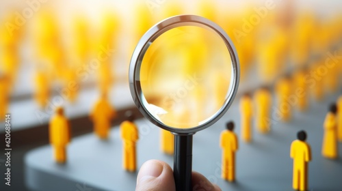 A hand holding a magnifying glass over a group of people