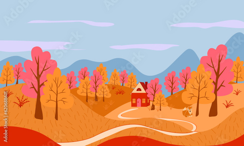 Autumn landscape with trees  mountains  fields  fox and house. Countryside landscape. Autumn background.
