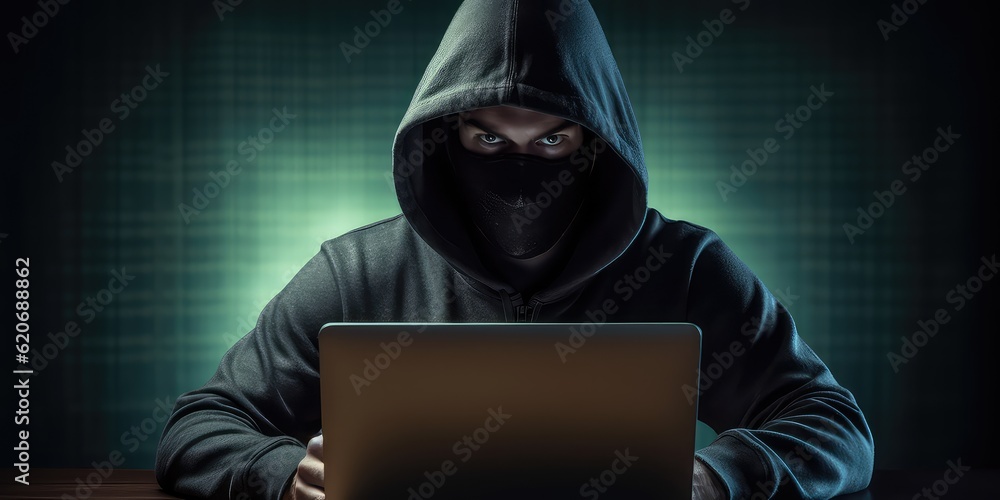 Generative AI. Computer hacker stealing data from a laptop. Scammer sitting in front of the computer. Generative AI. Computer hacker stealing data from a laptop. Scammer sitting in front of the computer.