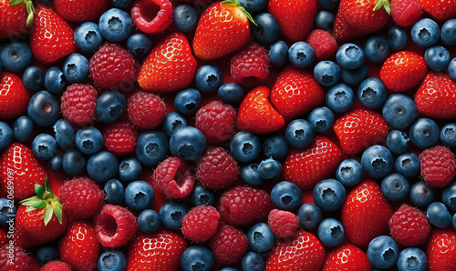  a bunch of strawberries and blueberries are arranged together. generative ai