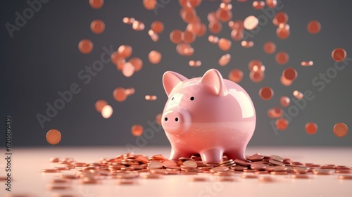 A piggy bank sitting on top of a pile of coins