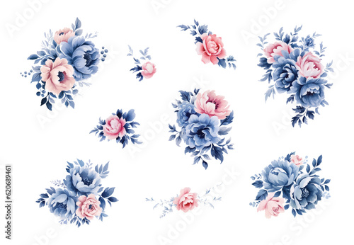 Dusty blue rose, echeveria succulent, white hydrangea, ranunculus, anemone, eucalyptus, juniper vector design wedding bouquets.Seasonal flower card.Floral square composition.Isolated and editable