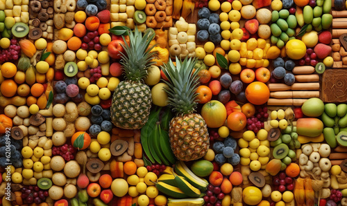  a large amount of fruits and vegetables are arranged in the shape of a wall.  generative ai