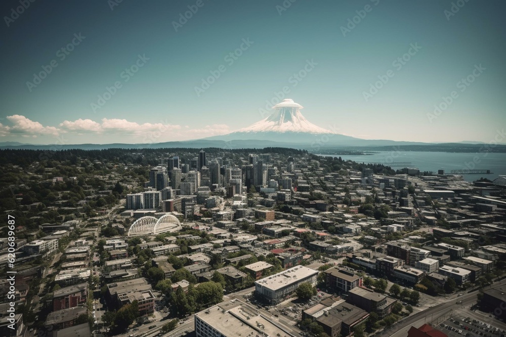 View of Seattle and Mt. Rainier on a sunny day. Generative AI