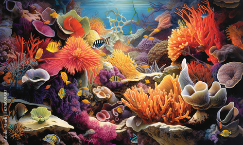  a painting of an underwater scene with corals and fish. generative ai