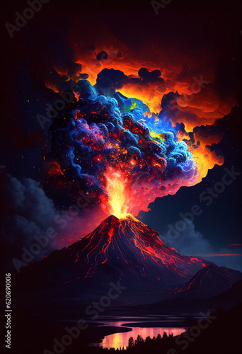 Colorful volcano eruption at night. AI Generated