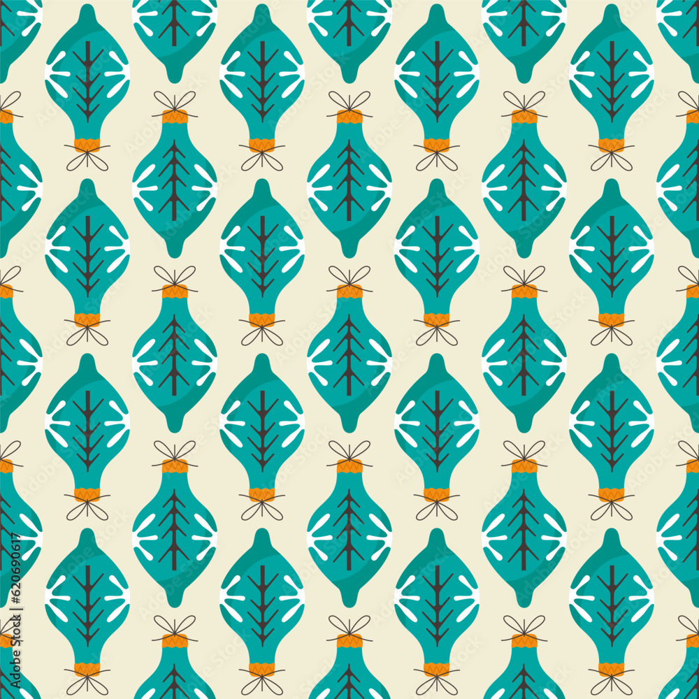 Christmas seamless pattern with christmas tree blue toys. Cute holiday wallpaper background with decoratie elements. Stock vector illustation on dark background