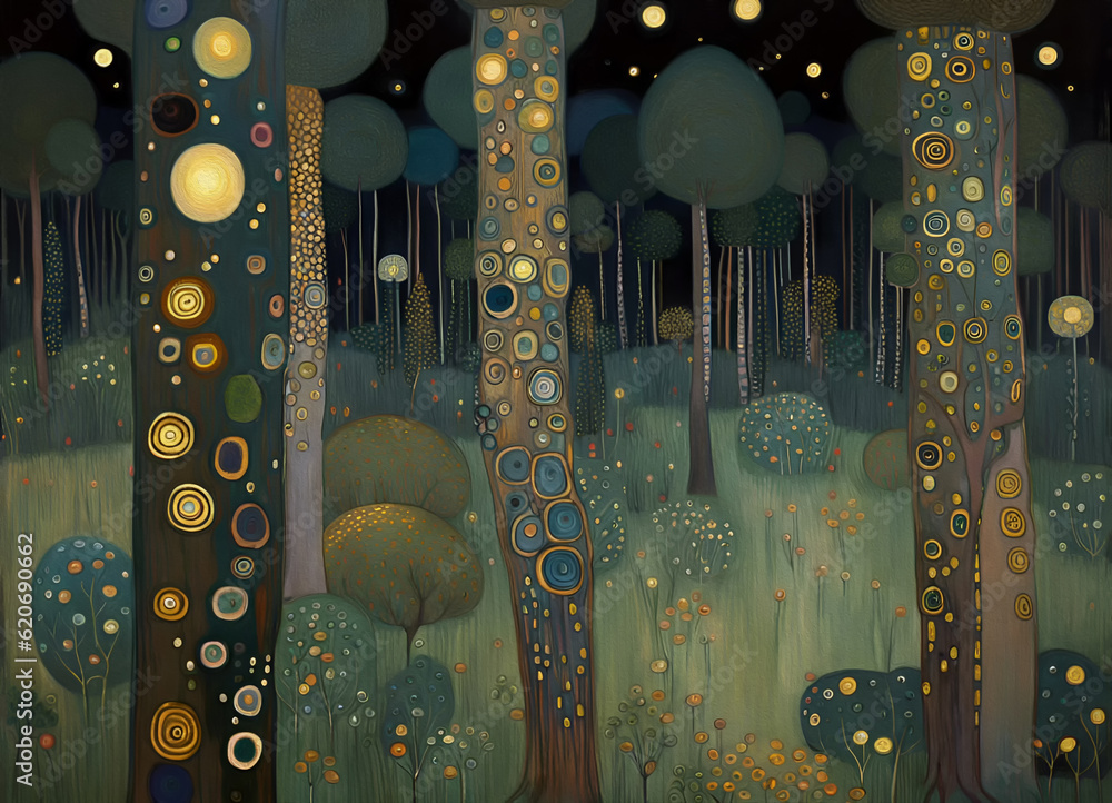 Φωτογραφία Abstract nighttime enchanted forest with golden jeweled trees stars and flowers