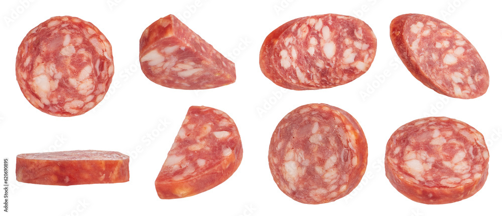 Dried sausage slices on a white isolated background. Sausage slices in different cuts are suitable for inserting into a design or project. - obrazy, fototapety, plakaty 