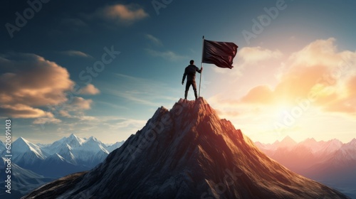 A man triumphantly standing on a mountain peak, waving a flag