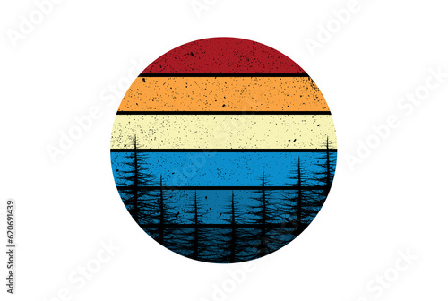 Sunset retro circle with forest 60s vintage design element