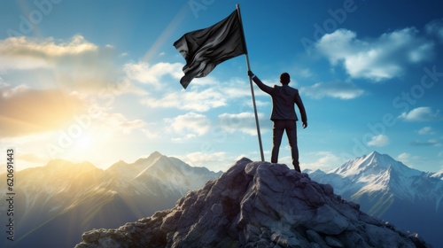 A man standing triumphantly on a mountain peak, holding a flag