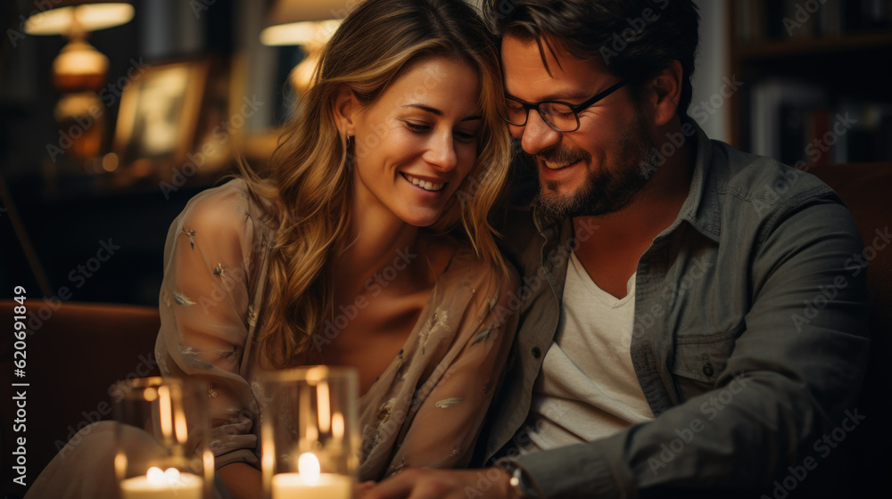 Married couple spends time together enjoying viewing cheerful videos in the evening created with generative AI technology Married couple spends time together enjoying viewing cheerful videos in the evening created with generative AI technology