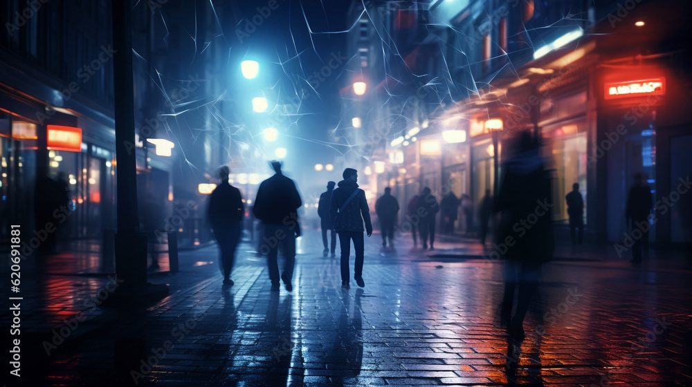 People walk around the city at night. Generative Ai. 