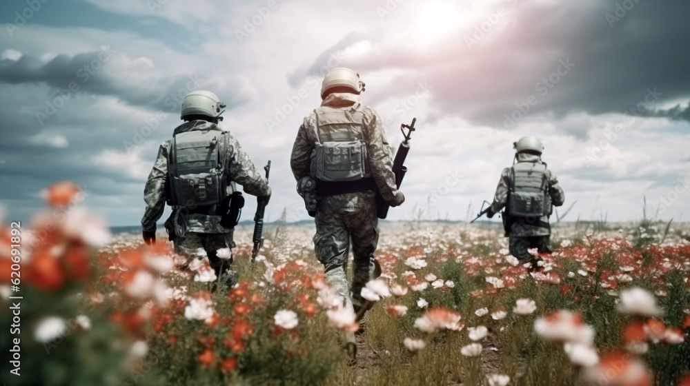 three soldiers on a sunny day with weapons walk through a spring flowering field. Generative Ai. three soldiers on a sunny day with weapons walk through a spring flowering field. Generative Ai.