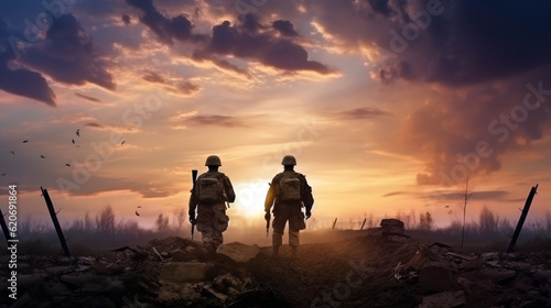 two soldiers after the battle at sunset. Generative Ai. 