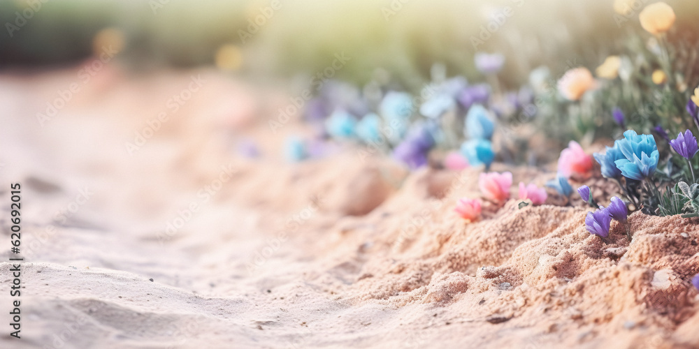 detail of colorful flowers next to a sandy path, soft focus background for presentation and wallpaper, vibrant colors with copyspace
