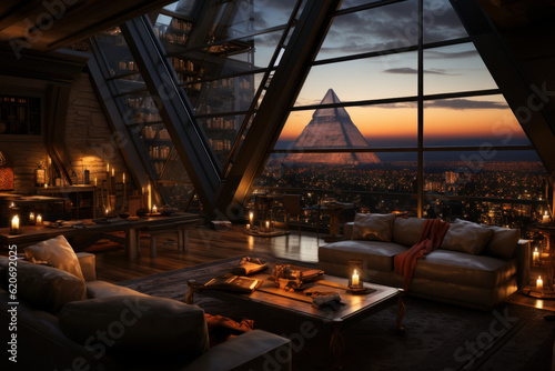  Modern architecture penthouse with pyramids in the   background. Generative AI © NorLife