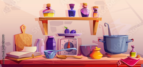 Still life in rustic style. The process of making plum jam. Kitchen utensils, wooden table, recipe book, scales, jars, ladle with jam, saucepan. Jars with extract, essence. Cartoon vector illustration © Apoz