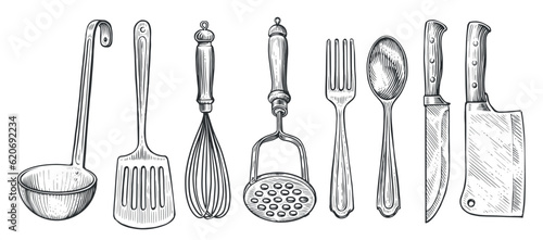 Set of kitchen tools for cooking. Sketch vintage vector illustration for restaurant or diner menu