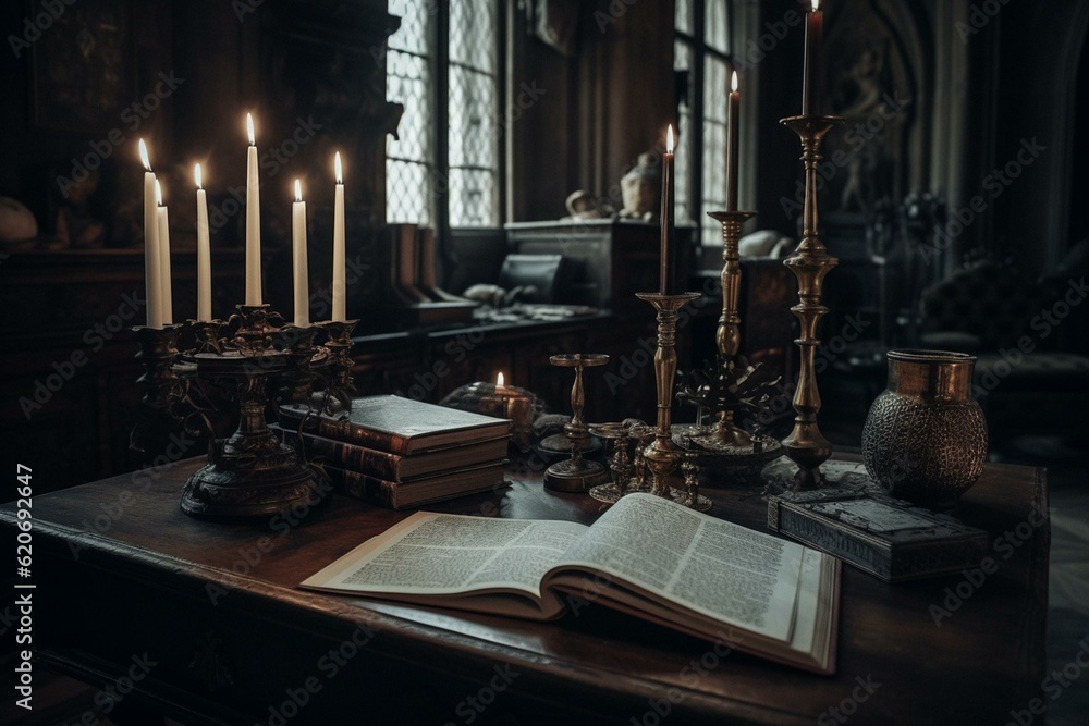 Gothic castle baroque living room with study table candles and old book. Generative AI - obrazy, fototapety, plakaty 