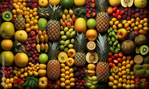  a bunch of different fruits are arranged in a pattern on a wall.  generative ai
