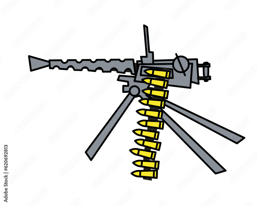 Obraz premium The heavy machine gun is mounted on a tripod and ready for firefight. Cartoon image for prints, poster and illustrations.