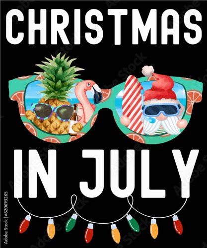 Funny sunglasses with Santa Claus, surfboard, pineapple and flamingo for summer feeling and the saying Christmas in July