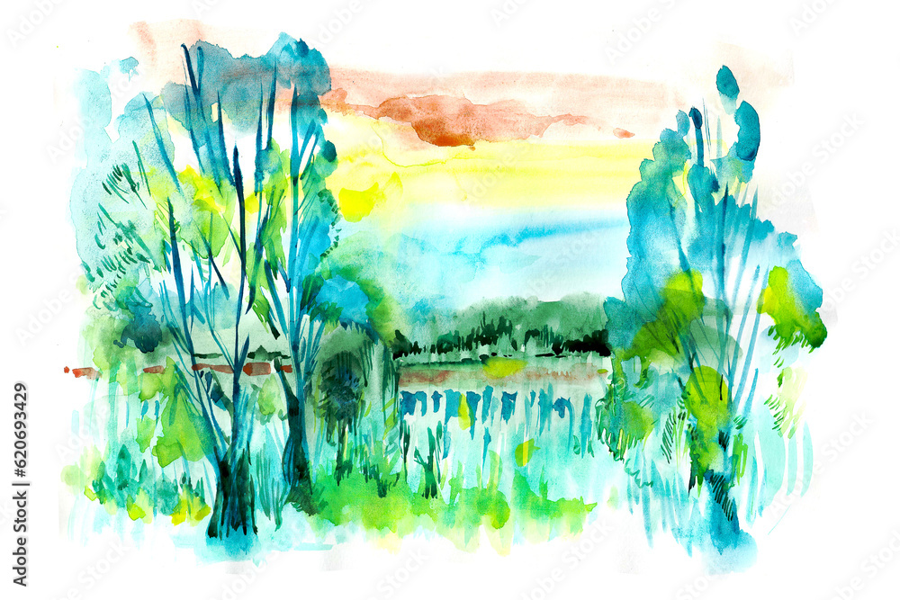 Watercolor drawing. Summer landscape. Rest by the river. Trees, nature. Watercolor colorful illustration. For the design of books. The template for the inscription. Green meadow.
