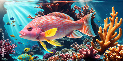 Illustration of underwater world with colorful corals, tropical fish and sunlight streaming through the sea water. Beauty of the coral reef. Generative AI