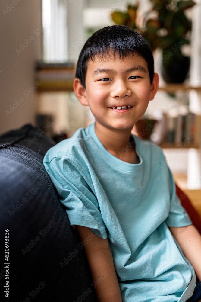 Joyful Chinese boy smiling in home. Joyful Chinese boy smiling in home.