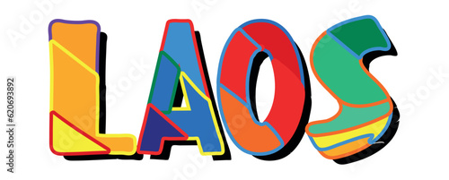 LAOS. Bright cartoon color doodle isolated typographic inscription, Illustrated text. Country name LAOS for print, travel resources, social network, adv banner, t-shirt design.