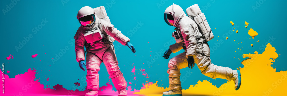 Two astronauts are walking in front of a colorful garish background. Cover photo. Generative AI. Two astronauts are walking in front of a colorful garish background. Cover photo. Generative AI.