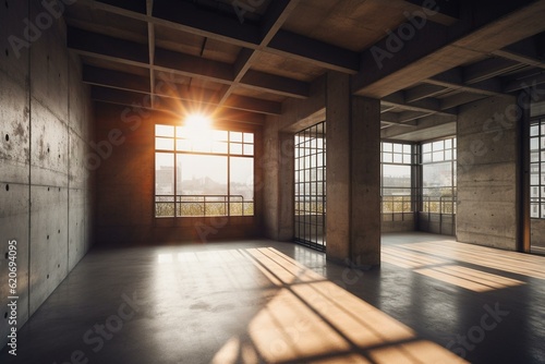 Modern concrete exterior room with sunlight shadow through grid ceiling opening - industrial background motif. Generative AI © Mason