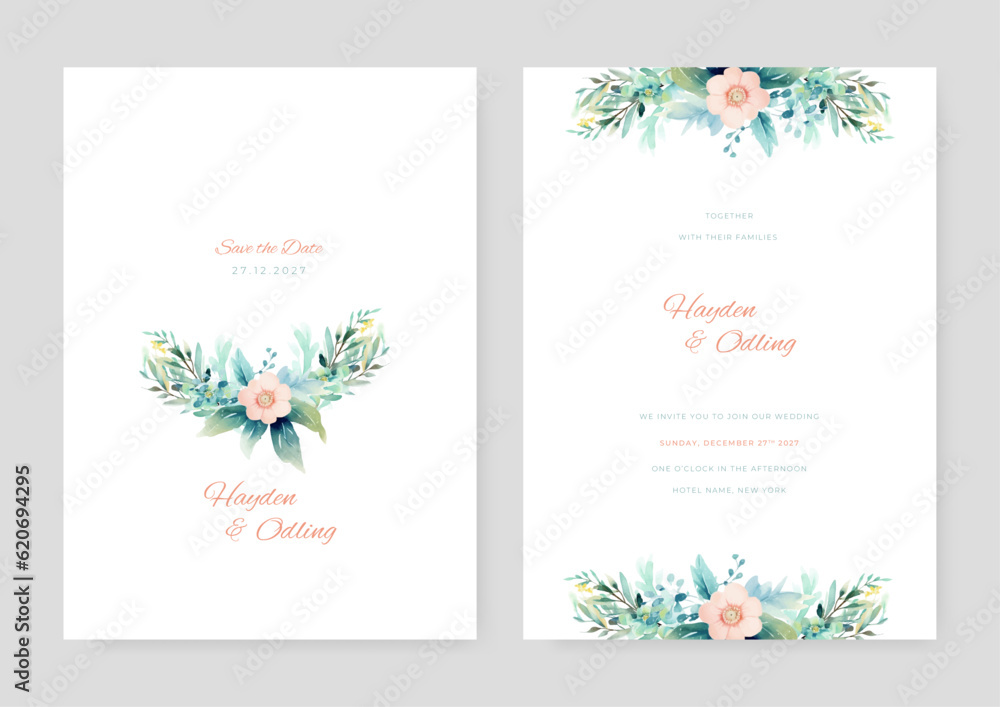 White green yellow Wedding invitation template with floral and leaves decoration