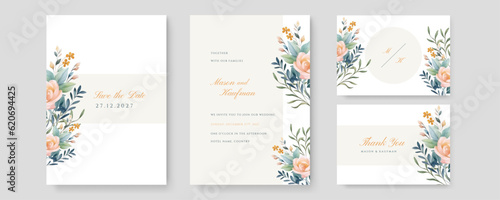 White green pink Elegant wedding invitation card template with watercolor and floral decoration.