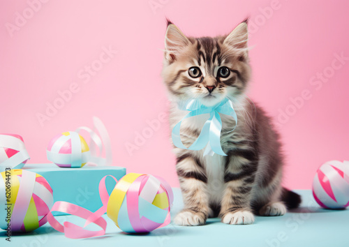 An adorable little kitten is playing with a colorful ball of decorative ribbons. Time for play concept. Generative AI.